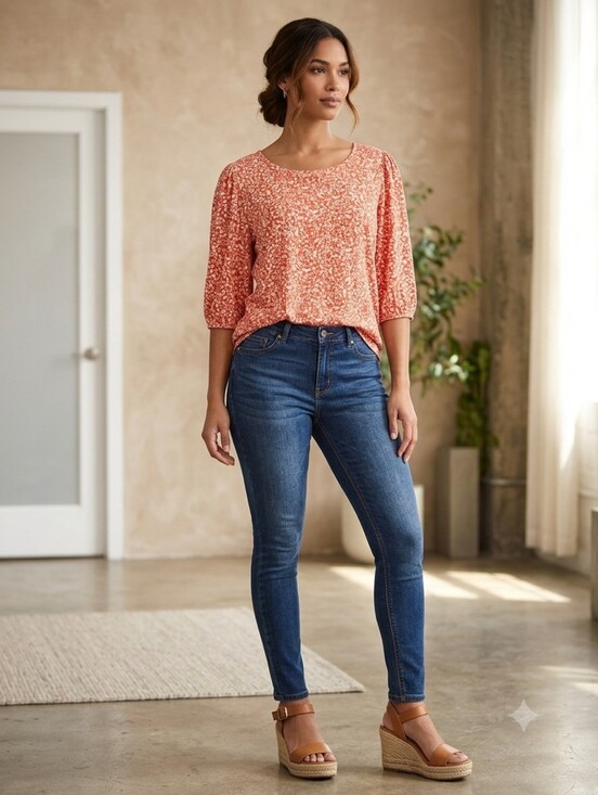 Adrianna Papell Tops - Adrianna Papell Coral‎ Printed Puff-Sleeve Blouse